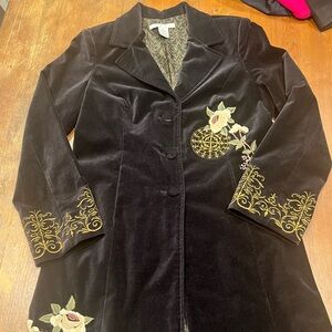 CAbi Black Velvet Trench Coat with Gold and Green Embroidery
